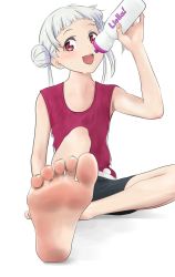 Rule 34 | 1girl, arashi chisato, barefoot, blush, feet, foot focus, highres, long hair, looking at viewer, love live!, love live! superstar!!, open mouth, red eyes, shirow (mha03133), shorts, soles, solo, sweat, toes