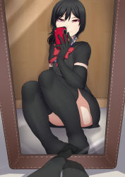 Rule 34 | androgynous, black dress, black gloves, black hair, black thighhighs, blush, bow, cellphone, convenient leg, dress, dutch angle, elbow gloves, feet, gender request, gloves, highres, houjuu nue, legs, looking at viewer, male focus, mirror, nicutoka, no shoes, phone, pov, red eyes, reflection, selfie, short dress, short hair, short sleeves, sitting, smartphone, smile, solo, sweat, thighhighs, touhou