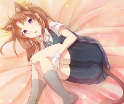 Rule 34 | 10s, 1girl, :o, ahoge, animal ears, ass, bike shorts, bike shorts under skirt, blouse, brown hair, cat day, cat ears, cat tail, e20, fang, gloves, grey socks, hair ornament, hair ribbon, hugging own legs, kagerou (kancolle), kantai collection, kemonomimi mode, kneehighs, long hair, looking at viewer, lying, no shoes, on side, open mouth, pleated skirt, purple eyes, ribbon, school uniform, shirt, shorts, shorts under skirt, skirt, socks, solo, tail, twintails, vest, white shirt