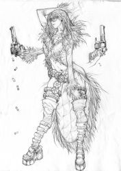 Rule 34 | 1girl, all points bulletin, arnold tsang, belt, cartridge, casing ejection, earrings, expressionless, full body, fur trim, glasses, greyscale, gun, hand on own hip, handgun, holding, holding gun, holding weapon, jewelry, leaning forward, monochrome, navel, open cylinder (revolver), original, parted lips, revolver, shell casing, simple background, sketch, sofia vascucci, solo, weapon, white background