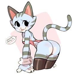 Rule 34 | 1girl, :3, animal crossing, animal ears, animal nose, artist name, ass, bare shoulders, bent over, black eyes, black nails, black thighhighs, blue fur, blue hair, blush, body fur, breasts, cat ears, cat girl, cat tail, claws, commentary, cropped legs, english commentary, english text, eyelashes, from side, furry, furry female, grey fur, grey hair, highres, kaijumilk (milkchaotea), large breasts, leaning forward, lolly (animal crossing), looking at viewer, nintendo, open mouth, outline, shiny clothes, shiny legwear, short hair, signature, simple background, smile, solo, speech bubble, striped, striped fur, striped tail, tail, talking, thick thighs, thighhighs, thighs, tongue, white background, white outline, wide hips, wrist cuffs