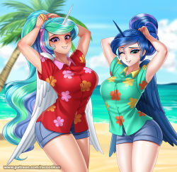Rule 34 | 2girls, beach, blush, breasts, celestia (my little pony), clothes, cloud, eyeshadow, large breasts, luna (my little pony), makeup, multiple girls, my little pony, my little pony: friendship is magic, nail polish, racoon-kun, sand, shirt, shorts, siblings, sisters, sky, water