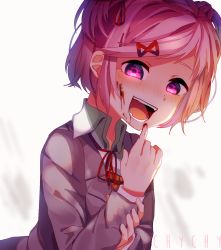 Rule 34 | 1girl, blood, blood on face, blood on hands, blush, collar, crazy eyes, crazy smile, doki doki literature club, hair ornament, hair ribbon, hairclip, highres, janineuy09, natsuki (doki doki literature club), open mouth, pink eyes, pink hair, pleated skirt, ribbon, school uniform, short hair, skirt, smile, solo, teeth, white collar, yandere