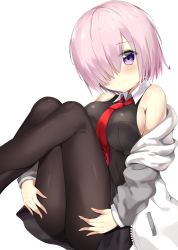 Rule 34 | 1girl, 7 calpis 7, black dress, black pantyhose, blush, breasts, closed mouth, dress, fate/grand order, fate (series), feet out of frame, grey jacket, hair over one eye, jacket, knees to chest, legs up, long sleeves, looking at viewer, mash kyrielight, medium breasts, necktie, open clothes, open jacket, pantyhose, pink hair, purple eyes, red necktie, short hair, sideboob, simple background, sleeveless, sleeveless dress, smile, solo, tareme, track jacket, unzipped, white background