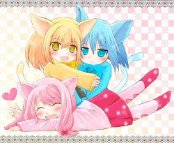 Rule 34 | 3girls, animal ears, ao (butterfly cat), bad id, bad pixiv id, blonde hair, blue eyes, blue hair, blush, bow, butterfly cat, cat ears, cat tail, closed eyes, hair ribbon, heart, hina (butterfly cat), looking at viewer, momo (butterfly cat), multiple girls, noe, pink hair, ribbon, skirt, smile, sound voltex, tail, yellow eyes
