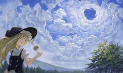 Rule 34 | 1girl, arm up, black vest, blonde hair, blue sky, breasts, cloud, constricted pupils, day, fjsmu, forest, hair blowing, hat, high collar, highres, kirisame marisa, looking away, looking back, mini-hakkero, mountain, nature, outdoors, puffy short sleeves, puffy sleeves, shirt, short sleeves, sky, small breasts, smile, solo, touhou, upper body, vest, white shirt, witch hat, yellow eyes