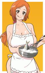 1girl apron bleach breasts highres inoue_orihime large_breasts low_ponytail naked_apron oeoeoe_(fyzs5787) outside_border ponytail smile solo