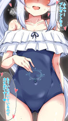 Rule 34 | 1girl, arm behind back, bare shoulders, blue archive, blue one-piece swimsuit, blush, commentary request, covered navel, frilled one-piece swimsuit, frills, grey hair, hand on own stomach, heart, highres, implied pregnancy, long hair, machismo fuji, miyako (blue archive), miyako (swimsuit) (blue archive), off-shoulder one-piece swimsuit, off shoulder, one-piece swimsuit, open mouth, pregnancy halo, shaded face, solo, speech bubble, sweat, swimsuit, translated, very long hair