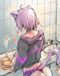 Rule 34 | 1girl, 1other, absurdres, ahoge, animal ears, ass, cat ears, cat girl, cat tail, choker, chopsticks, clothing cutout, commentary request, cooking, crop top, facing away, faucet, heart, highres, holding, holding chopsticks, holding utensil, hololive, hood, hood down, ikayaki (ikayaki4), long sleeves, midriff, nekomata okayu, nekomata okayu (1st costume), purple hair, short hair, sink, sketch, smoke, stove, sweat, tail, tail raised, tail through clothes, tile wall, tiles, touching tail, trembling, virtual youtuber