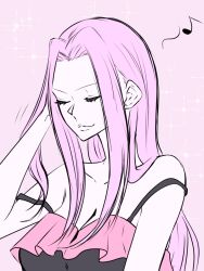 Rule 34 | 1girl, arm up, black shirt, closed eyes, commentary request, detective 0414, double strap slip, frilled shirt, frills, hair over shoulder, hand in own hair, highres, hina (one piece), long hair, loose clothes, musical note, one piece, pink background, pink hair, pink shirt, shirt, sidelocks, smile, solo, sparkle, strap slip, upper body
