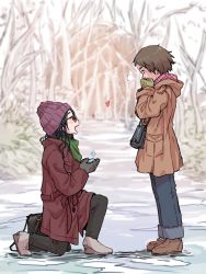 Rule 34 | 2girls, black hair, blush, brown hair, commentary request, covering own mouth, glasses, hand over own mouth, heart, highres, m k, marriage proposal, multiple girls, on one knee, open mouth, original, outdoors, winter, winter clothes, yuri