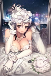 Rule 34 | 1girl, arm support, bare shoulders, black hair, blush, bouquet, breasts, cleavage, devil maker, dress, elbow gloves, flower, gloves, highres, jewelry, large breasts, looking at viewer, necklace, original, pearl necklace, petals, rheez, shiny skin, sjofn (devil maker), smile, solo, wedding dress, white gloves, white theme