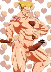 Rule 34 | 1boy, abs, arm tattoo, ass, bar censor, bara, blonde hair, blue eyes, blush, candy, censored, chocolate, chocolate heart, chocolate on body, chocolate on penis, chocolate syrup, erection, feet out of frame, food, food on body, guile, heart, karakuraax, large pectorals, large penis, looking at viewer, male focus, manly, mature male, muscular, muscular male, nipples, pectorals, penis, pocky, smirk, solo, street fighter, tattoo, testicles, thick arms, thick thighs, thighs, tongue, tongue out, white background
