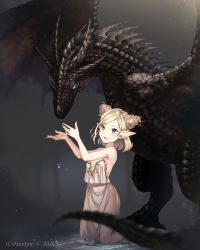 Rule 34 | 1girl, absurdres, anotherxalice, bare shoulders, blue eyes, blush, breasts, dragon, dress, drill hair, earrings, elf, gold trim, grey background, hands up, highres, jewelry, kneeling, looking at viewer, medium hair, nyasunyadoora, official art, open mouth, pointy ears, simple background, small breasts, smile, white dress