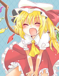 Rule 34 | 1girl, argyle, argyle background, between legs, blonde hair, blue background, blush, chibi, closed eyes, collared shirt, cowboy shot, facing viewer, fang, flandre scarlet, frilled shirt collar, frilled skirt, frills, hand between legs, hat, hat ribbon, medium hair, mob cap, multicolored wings, nekoko (mono96), one side up, open mouth, puffy short sleeves, puffy sleeves, red ribbon, red skirt, red vest, ribbon, shirt, short sleeves, skin fang, skirt, solo, touhou, vest, white hat, white shirt, wings