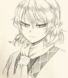 Rule 34 | 1girl, bright pupils, closed mouth, commentary request, expressionless, eyelashes, graphite (medium), greyscale, hair between eyes, half-closed eyes, highres, looking at viewer, medium bangs, mizuhashi parsee, monochrome, pointy ears, portrait, scarf, shirt, short hair, simple background, solo, touhou, traditional media, upper body, yokozuna iwashi