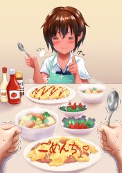 Rule 34 | 1boy, 1girl, puff of air, apron, blush, brown hair, closed eyes, closed mouth, collarbone, collared shirt, facing viewer, food, green apron, highres, holding, holding spoon, omelet, omurice, original, plate, pov, pov hands, shirt, short hair, short sleeves, sitting, smile, solo focus, spoon, sweat, table, thumbs up, tomboy, trembling, uriens, white shirt