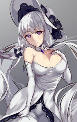 Rule 34 | 1girl, azur lane, bad id, bad pixiv id, bare shoulders, blue eyes, breasts, cleavage, dress, elbow gloves, gloves, hat, highres, illustrious (azur lane), large breasts, looking at viewer, mole, mole under eye, simple background, sketch, smile, solo, thighhighs, twintails, white dress, white gloves, white hair, white thighhighs, yusan
