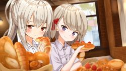 Rule 34 | 2girls, ame., ayanami (azur lane), azur lane, blush, bow, bread, closed mouth, collared shirt, commentary request, croissant, day, dress shirt, food, grey shirt, hair bow, head tilt, holding, holding food, indoors, light brown hair, long hair, looking at viewer, multiple girls, ponytail, purple eyes, red bow, red eyes, shirt, smile, tree, window, z23 (azur lane)