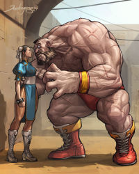 Rule 34 | 1boy, 1girl, beard, boots, bracelet, breasts, brown hair, bun cover, capcom, chest hair, china dress, chinese clothes, chun-li, double bun, dress, eye contact, faceoff, facial hair, full body, giant, hair bun, height difference, highres, jee-hyung lee, jewelry, jpeg artifacts, looking at another, male swimwear, mohawk, muscular, pantyhose, pelvic curtain, puffy short sleeves, puffy sleeves, red footwear, red male swimwear, red swim briefs, sash, shadow, short hair, short sleeves, side slit, size difference, spiked bracelet, spikes, standing, street fighter, swim briefs, swimsuit, topless male, veins, white footwear, wristband, zangief