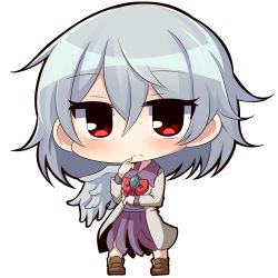 Rule 34 | 1girl, :&lt;, blush, chibi, finger to mouth, jacket, kishin sagume, open clothes, open jacket, red eyes, simple background, single wing, solo, touhou, twumi, white background, white hair, white wings, wings