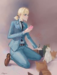 Rule 34 | 1girl, absurdres, an-94 (antje) (girls&#039; frontline), an-94 (girls&#039; frontline), aqua eyes, aqua jacket, aqua pants, artist name, belt, blonde hair, blue necktie, brown footwear, business suit, cellphone, closed mouth, formal, full body, gblamgo, girls&#039; frontline, glasses, hair ornament, hair scrunchie, highres, holding, holding phone, id card, jacket, kneeling, light blush, long hair, looking away, necktie, official alternate costume, official style, pants, phone, scrunchie, shirt, shoes, short ponytail, sidelocks, simple background, smartphone, solo, suit, white shirt