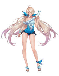 Rule 34 | 1girl, bare shoulders, blonde hair, breasts, collarbone, facepaint, food, full body, hair over one eye, holding, long hair, medium breasts, official art, one-piece swimsuit, toeless footwear, popsicle, red eyes, ribbon trim, sandals, shoes, simple background, solo, standing, swimsuit, tenshi mikadokuni, very long hair, white background