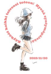 Rule 34 | 1girl, ankle boots, artist name, black footwear, blue hat, blue jacket, blue skirt, boots, brown eyes, brown hair, carrying, dated, finnish text, from side, girls und panzer, hand in pocket, hat, highres, hiyama yuu (wee259hiyama), instrument, jacket, kantele, keizoku military uniform, leaf, leg up, long hair, long sleeves, mika (girls und panzer), military, military uniform, miniskirt, mouth hold, pleated skirt, raglan sleeves, signature, skirt, solo, standing, standing on one leg, track jacket, translation request, uniform