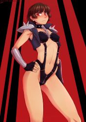 Rule 34 | 10s, 1girl, absurdres, arm at side, artist name, black gloves, blush, bondage outfit, bracer, brown hair, chain, collar, commentary, crotch zipper, english commentary, fingerless gloves, frown, gloves, highres, ittla, looking at viewer, navel, niijima makoto, patreon username, persona, persona 5, persona 5: dancing star night, persona dancing, red eyes, short hair, solo, studded collar, twitter username, watermark, web address, zipper