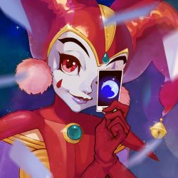 Rule 34 | 1girl, bell, card, chrono cross, clown, crescent moon, earrings, facepaint, floating card, fumezu1, gem, gloves, harle (chrono cross), harlequin, hat, highres, holding, holding card, jester cap, jewelry, looking at viewer, moon, one eye covered, parted lips, pom pom (clothes), pom pom earrings, purple lips, red eyes, red gloves, red hat, smile, solo, tarot, teardrop facial mark, the moon (tarot), upper body