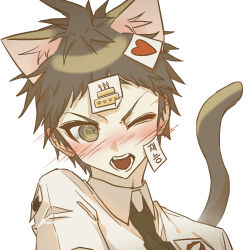 Rule 34 | 1boy, animal ears, annoyed, blush, brown hair, cake print, cat boy, cat ears, cat tail, collared shirt, commentary request, danganronpa (series), danganronpa 2: goodbye despair, extra ears, fang, heart, hinata hajime, kemonomimi mode, korean text, male focus, necktie, one eye closed, open mouth, shirt, short hair, simple background, solo, tail, translation request, white background, white shirt, yomu (dangan yomu)
