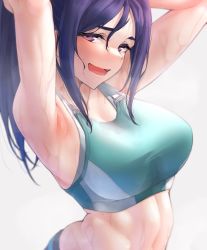 Rule 34 | 1girl, :d, arched back, armpits, arms behind head, arms up, bare arms, bare shoulders, blurry, blush, breasts, commentary request, depth of field, green sports bra, grey background, hair between eyes, half-closed eyes, highres, large breasts, long hair, looking at viewer, love live!, love live! sunshine!!, lower teeth only, matsuura kanan, messy hair, nasuno (nasuno42), navel, open mouth, ponytail, purple eyes, purple hair, sidelocks, simple background, smile, solo, sports bra, standing, steaming body, stomach, sweat, teeth, upper body
