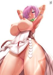 Rule 34 | 1girl, armpits, arms behind head, arms up, bare shoulders, blush, body markings, breasts, breasts out, closed mouth, cosplay, dress, fate/grand order, fate (series), guriguri (arayotto4351), hair over one eye, highres, himiko (fate), himiko (fate) (cosplay), himiko (first ascension) (fate), jewelry, large breasts, light purple hair, looking at viewer, magatama, magatama necklace, mash kyrielight, necklace, nipples, purple eyes, sash, short hair, side slit, smile, solo, thighs, wet, white dress