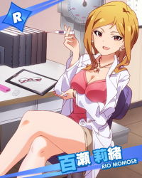 Rule 34 | 10s, 1girl, bracelet, breasts, character name, clipboard, earrings, idolmaster, idolmaster million live!, infirmary, jewelry, lab coat, large breasts, long hair, momose rio, necklace, official art, orange hair, pencil skirt, purple eyes, skirt