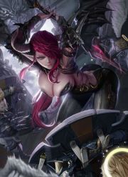Rule 34 | 1girl, angel, angel wings, armor, ass, breasts, cleavage, demon, demon girl, female focus, holding, holding weapon, huge breasts, jpeg artifacts, kuhn, large breasts, leaning forward, long hair, red hair, solo, sword, weapon, wings