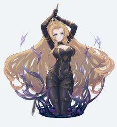 Rule 34 | 1girl, absurdres, alpha (kage no jitsuryokusha ni naritakute!), arms up, belt, black bodysuit, blonde hair, blue eyes, bodysuit, breasts, cleavage, cleavage cutout, closed mouth, clothing cutout, covered navel, full body, highres, holding, holding sword, holding weapon, kage no jitsuryokusha ni naritakute!, kneeling, large breasts, light blush, long bangs, long hair, looking at viewer, multiple belts, pavo543, simple background, skin tight, smile, solo, sword, sword behind back, very long hair, weapon, white background