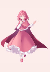 Rule 34 | 1girl, bad id, bad pixiv id, bobby socks, bow, bowtie, buttons, cape, capelet, full body, index finger raised, long hair, long sleeves, looking away, midorino eni, okazaki yumemi, red bow, red bowtie, red eyes, red footwear, red hair, shoes, short hair, smile, socks, solo, touhou, touhou (pc-98), white socks