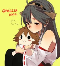 Rule 34 | 10s, 1girl, :&gt;, :/, ahoge, black hair, blush, blush stickers, brown eyes, character doll, hairband, haruna (kancolle), hiei (kancolle), hug, kantai collection, long hair, nagisa (12363), nontraditional miko, ribbon-trimmed sleeves, ribbon trim, simple background, solid circle eyes, solid oval eyes, solo, twitter username, yellow background