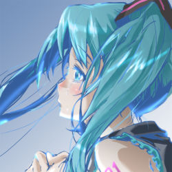 Rule 34 | 1girl, aqua eyes, aqua hair, bad id, bad pixiv id, dodai shouji, gradient background, hatsune miku, long hair, own hands clasped, own hands together, profile, solo, tears, twintails, vocaloid