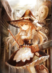 Rule 34 | 1girl, apron, arm up, bad id, bad pixiv id, black dress, black gloves, blonde hair, braid, broom, buttons, clock, clock tower, corset, cowboy shot, dress, fingerless gloves, frilled dress, frills, gears, gloves, goggles, goggles on headwear, hair tubes, hat, keiko (mitakarawa), kirisame marisa, light smile, looking away, parted lips, petticoat, puffy short sleeves, puffy sleeves, short sleeves, side braid, single braid, solo, steampunk, test tube, touhou, tower, waist apron, witch hat, yellow eyes