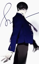 Rule 34 | 1boy, absurdres, black hair, black pants, blue eyes, blue jacket, blue necktie, closed mouth, colored skin, from side, highres, jacket, looking at viewer, male focus, necktie, original, pants, pigeon666, signature, simple background, smile, solo, white background, white skin
