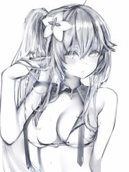 Rule 34 | 1girl, blush, breasts, closed mouth, flower, greyscale, hair flower, hair ornament, hand in own hair, hand up, highres, hololive, large breasts, looking at viewer, monochrome, nanashi (nlo), ponytail, simple background, solo, sweat, upper body, virtual youtuber, wet, white background, yukihana lamy