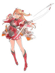 Rule 34 | 10s, 1girl, adapted costume, alternate costume, boots, bow (weapon), cosplay, fingerless gloves, full body, gloves, grey eyes, high heel boots, high heels, japanese clothes, kantai collection, long hair, miniskirt, muneate, name connection, neon genesis evangelion, nishieda, orange hair, pigeon-toed, red skirt, simple background, skirt, solo, souryuu (kancolle), souryuu (kancolle) (cosplay), souryuu asuka langley, weapon, white background