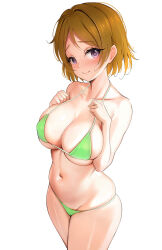 Rule 34 | 1girl, absurdres, bikini, blush, breasts, brown hair, closed mouth, collarbone, cowboy shot, eyes visible through hair, green bikini, groin, hair intakes, hands up, highres, koizumi hanayo, large breasts, looking at viewer, love live!, love live! school idol project, minted, navel, purple eyes, short hair, simple background, skindentation, smile, solo, stomach, swimsuit, underboob, white background
