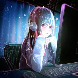 Rule 34 | 1girl, abstract, artist name, black eyes, black hair, blush, breasts, chair, commentary request, desk, elbow rest, film grain, headphones, highres, indoors, keyboard, long hair, long sleeves, looking at screen, medium breasts, monitor, mouse (computer), nakamura hinata, on chair, original, red-framed eyewear, signature, sitting, solo, sweater, white sweater