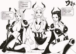 Rule 34 | 3girls, breasts, highres, horns, large breasts, long hair, multiple girls, nami (one piece), nico robin, one piece, oni, yamato (one piece)