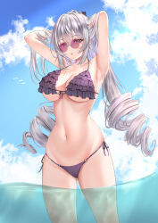Rule 34 | 1girl, absurdres, adjusting hair, alternate costume, armpits, arms up, bare shoulders, bikini, blush, breasts, bronya zaychik, bronya zaychik (silverwing: n-ex), cloud, cloudy sky, commentary request, cowboy shot, day, drill hair, frilled bikini, frills, front-tie bikini top, front-tie top, glasses, grey eyes, grey hair, hair between eyes, highres, honkai (series), honkai impact 3rd, large breasts, long hair, looking at viewer, match (scp115), navel, outdoors, parted lips, pince-nez, presenting armpit, purple bikini, rimless eyewear, side-tie bikini bottom, sky, solo, standing, stomach, swimsuit, twin drills, underboob, wading, water