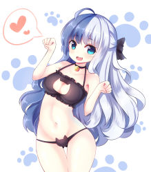 Rule 34 | 1girl, :3, absurdres, bell, neck bell, black bra, black panties, blue eyes, blue hair, bow, bra, breasts, cat cutout, cat ear panties, cat lingerie, choker, cleavage cutout, clothing cutout, cowboy shot, fang, frilled bra, frills, gluteal fold, hair bow, heart, heart-shaped pupils, highres, jingle bell, leaning to the side, long hair, looking at viewer, m1 (warship girls r), matching hair/eyes, meme attire, multicolored hair, panties, paw pose, paw print, siwi, solo, symbol-shaped pupils, thigh gap, underwear, underwear only, very long hair, warship girls r, white hair