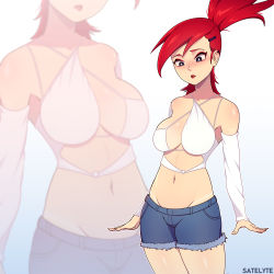 Rule 34 | 1girl, absurdres, alternate costume, animification, artist name, bare shoulders, blue shorts, breasts, cartoon network, cleavage, commentary, cowboy shot, cutoffs, denim, denim shorts, detached sleeves, forehead, foster&#039;s home for imaginary friends, frankie foster, hair ornament, hairclip, high ponytail, highres, large breasts, legs together, long hair, long sleeves, medium breasts, midriff, navel, parted lips, ponytail, red hair, revealing clothes, satelyte, shirt, shorts, solo, standing, thighs, toon (style), white shirt, white sleeves, zoom layer