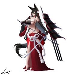 Rule 34 | 1girl, absurdres, an yasuri, animal ears, banned artist, bikini, black hair, black tail, breasts, cleavage, commentary request, feet, flower, fox ears, fox girl, full body, hair flower, hair ornament, hair over one eye, highres, holding, holding sword, holding weapon, katana, large breasts, legs, looking at viewer, navel, original, red bikini, red eyes, revision, rope, shoes, signature, simple background, solo, standing, swimsuit, sword, thighs, weapon, white background